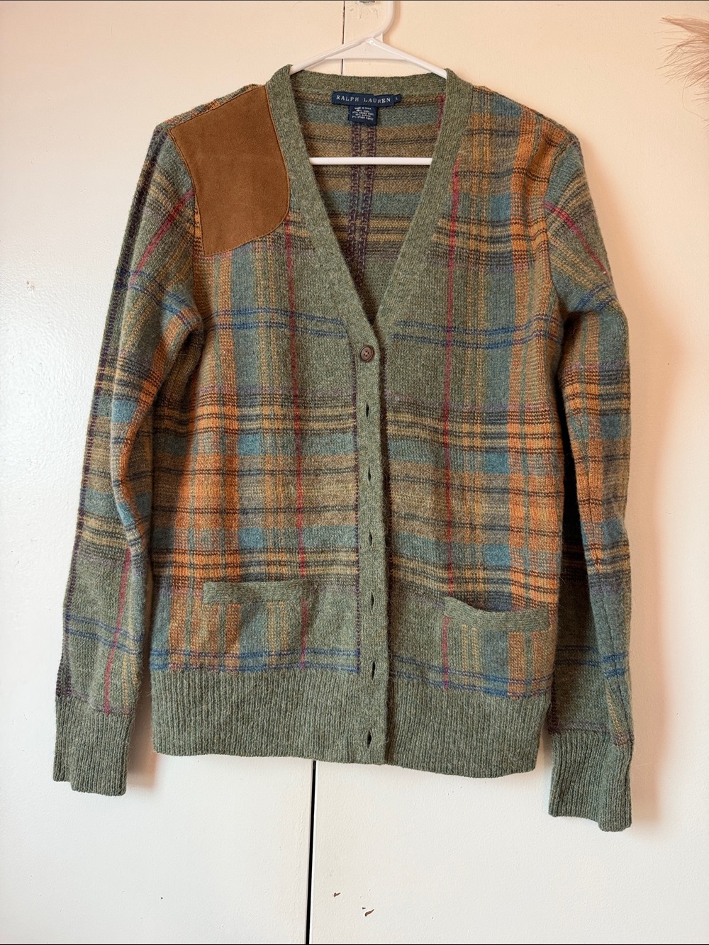 Ralph Lauren Green Plaid V-Neck Wool Cardigan with Tan Patch